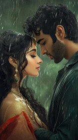 Two lovers embrace in rain beneath green storm.