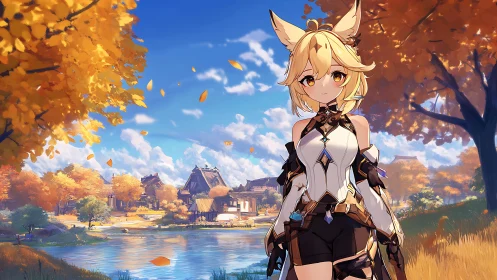 Fox-eared anime warrior observes tranquil autumn village