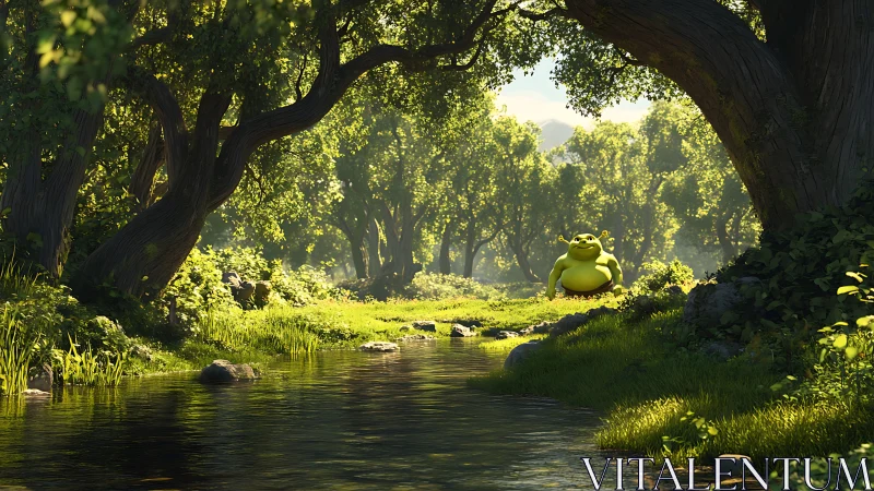 Sunlit ogre lounges happily beside a whispering forest stream
