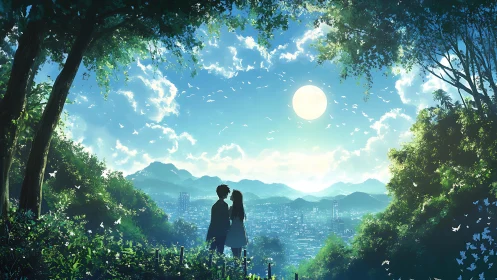 Moonlit overlook of young lovers above a dreaming city.