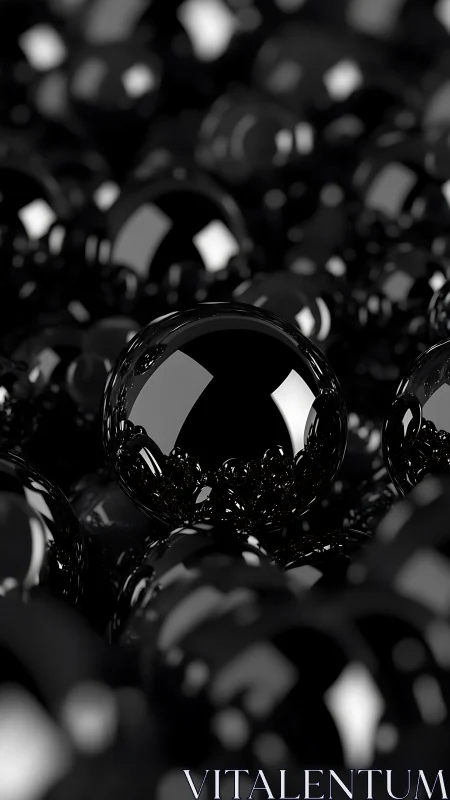 Specular black spheres under shallow depth-of-field rendering.