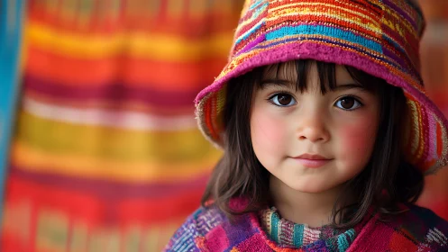 Child wearing striped knit hat with colorful background.