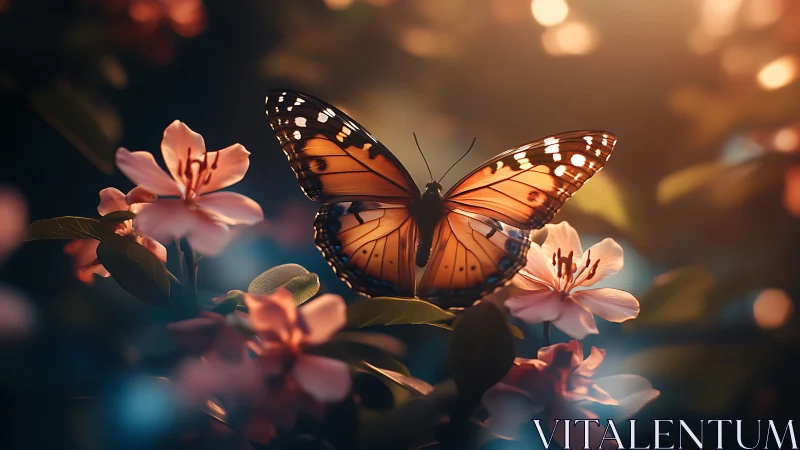 Monarch-like butterfly on pink flowers in soft sunset light.