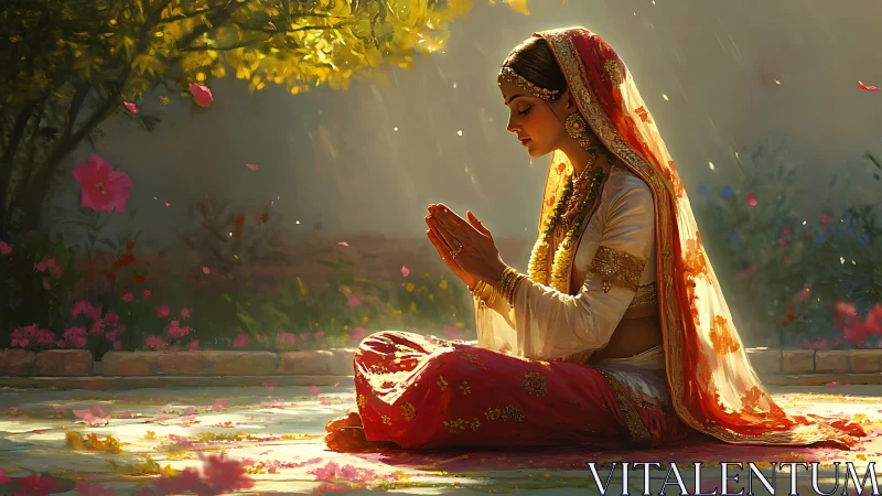 Sunlit garden prayer with petals, silk, and quiet fire.