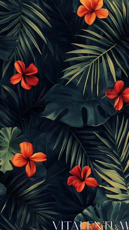 Tropical flora arrangement with orange blossoms and dark foliage.