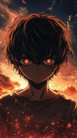 Anime boy with glowing eyes framed by apocalyptic sunset sky