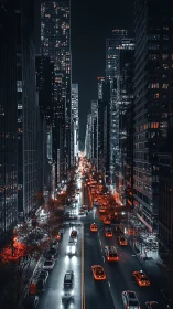 Nighttime city avenue glows with warm lights and moving taxis