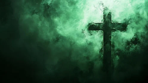 Dark stone cross emerges through swirling green mist.