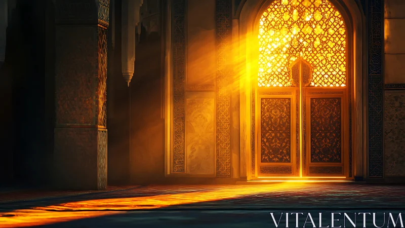 Golden sunlight pouring through an ornate arched doorway.
