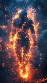 Armored fire warrior strides through swirling embers.