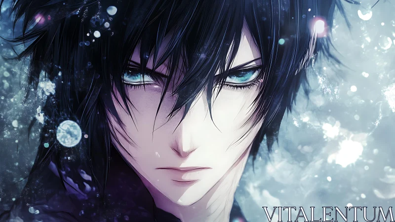 Intense blue eyed anime male in icy abstract scene.