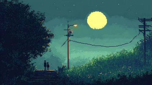 Pixel art nocturnal scene depicting two figures observing landscape beneath moon.