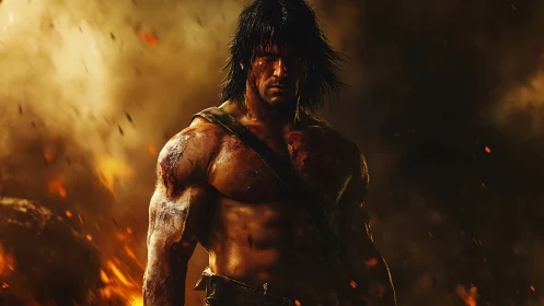 Battle-scarred warrior strides through roaring emberstorm.