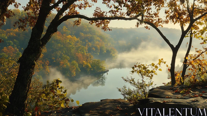 Mist-draped autumn river cradled by sunlit forest cliffs.