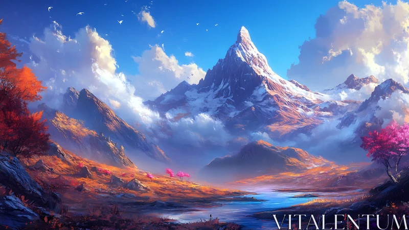 Vibrant alpine peak above luminous autumn valleyscape.