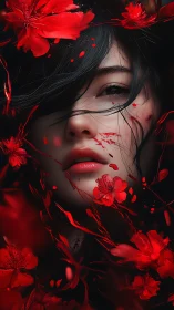 Crimson blossoms frame a solemn digital portrait of a woman.