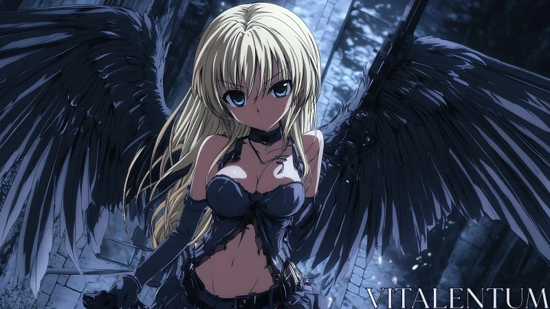 Midnight-winged battle angel claims the ruins with steel