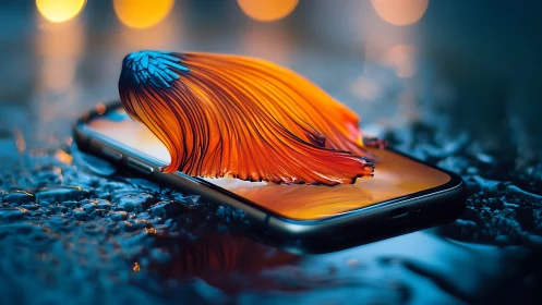 Liquid fire betta surfing a glowing smartphone tide.