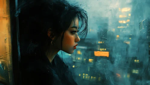 Melancholic profile by rain-soaked neon city window, digital painting.