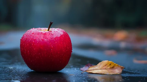 Crisp red apple resting beside a quiet autumn leaf.