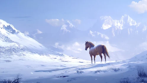 Solitary chestnut horse surveys sunlit snowy mountain valley