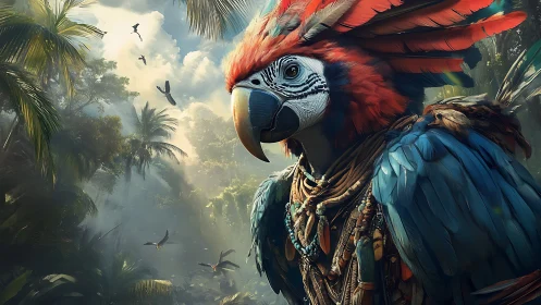 Regal tribal macaw stands watch over misty jungle canopy.