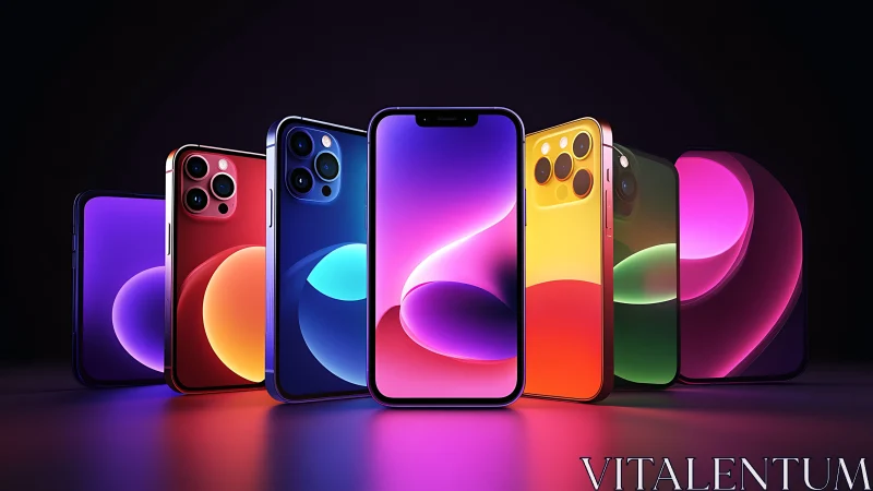 Neon prism smartphones glow in a halo of cinematic gradient light.