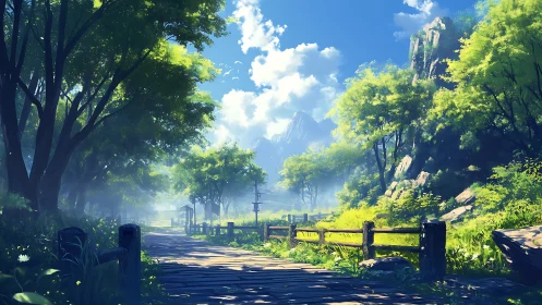 Sunlit wooden path quietly sails through a painted forest