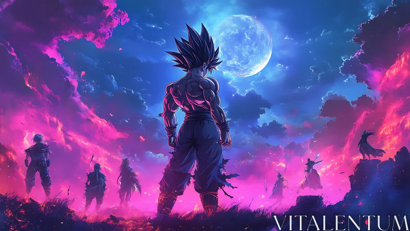 Moonlit Saiyan vanguard under neon storm skies.