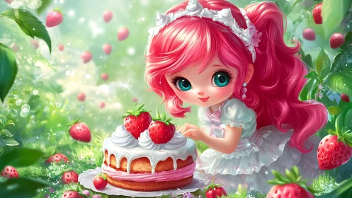 Strawberry-haired girl decorating whimsical forest cake.