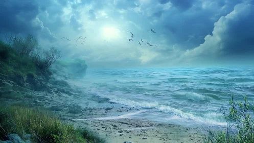 Dreamlike misty coastline glows beneath a luminous sky.