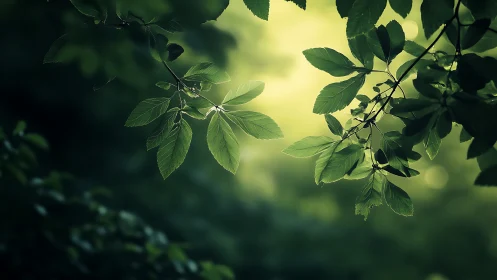 Sunlit green leaves in tranquil forest, soft natural light style.