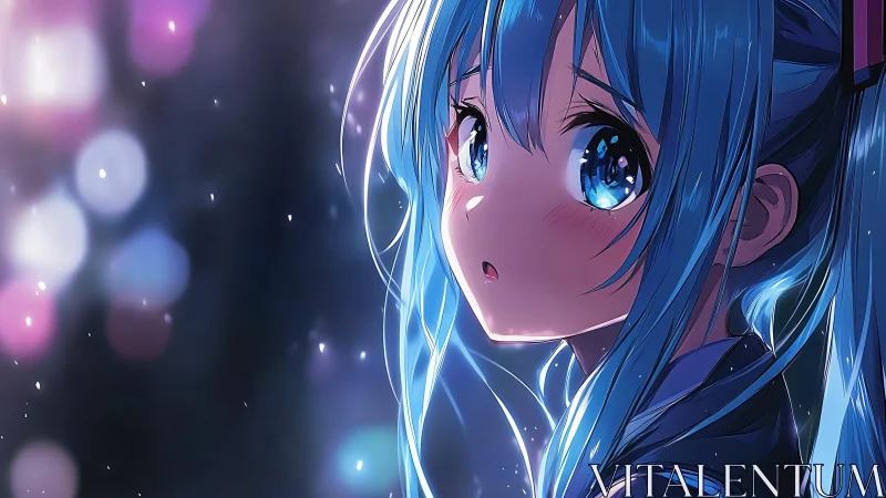 Anime close-up portrait with luminous bokeh night backdrop.