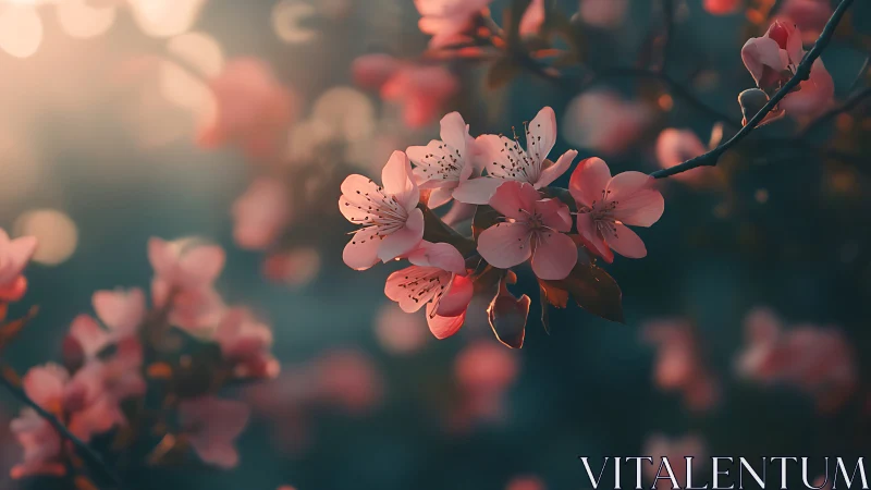 Cherry blossoms on dark branch with backlit pink petals