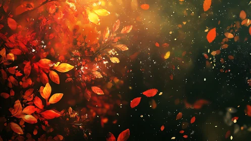 Digital painting of luminous autumn foliage in drift motion.