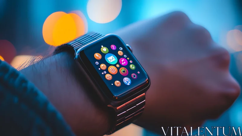 Neon city lights orbit a bright grid of smartwatch icons