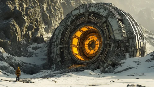 Human figure near large circular sci‑fi structure in snow.
