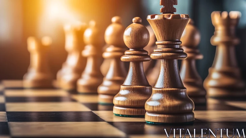 Shallow depth of field isolates wooden chess king in warm bokeh