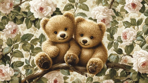 Digital painting of twin teddy bears amid vintage roses.