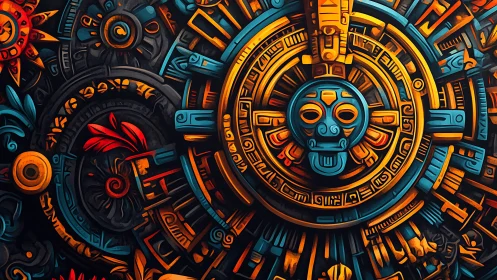 Radiant Aztec sun disk with intricate neon relief patterns.