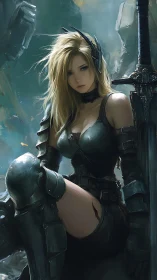 Armored female warrior seated with large sword in ruins.