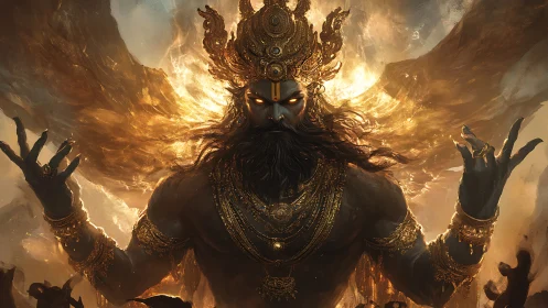 Mythic war deity rendered in high-detail golden digital painting