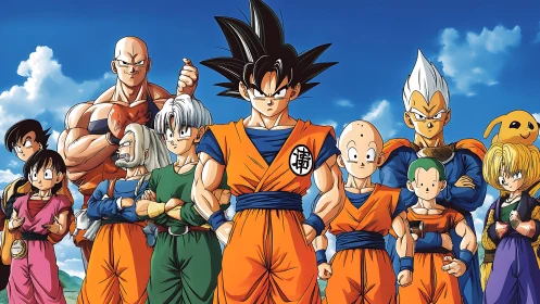 Heroic anime warriors assembled under vivid blue sky.