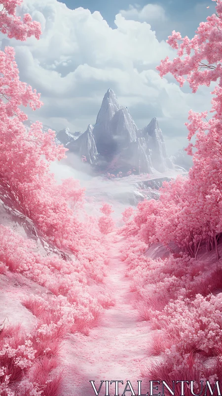 Infrared pink valley path leads toward mist-veiled mountain range
