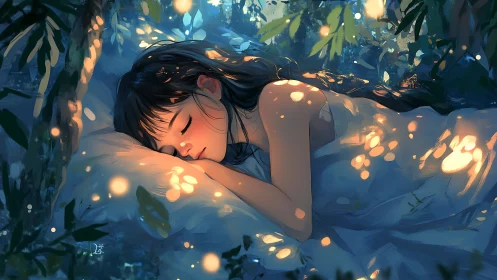 Luminous forest sleep scene with dappled bokeh light effects
