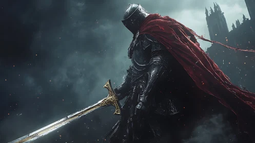 Armored dark knight with crimson cloak in storm.