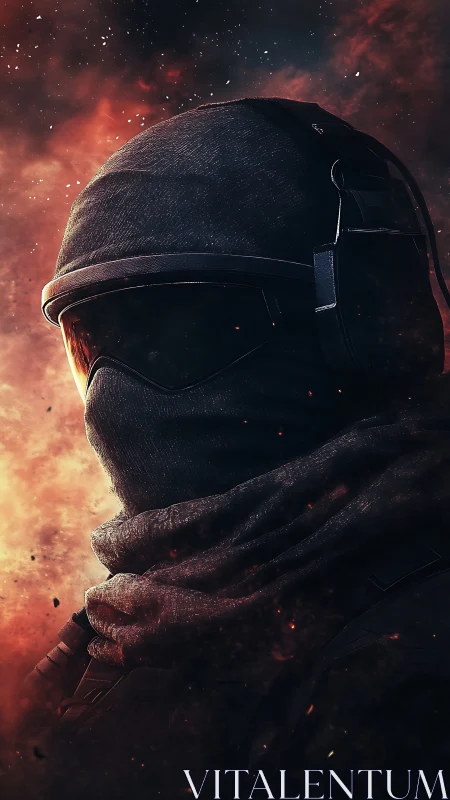 Tactical operative stands in embers under burning sky