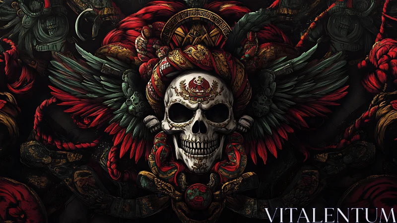 Regal skull with crimson wings in ornate dark fantasy emblem.