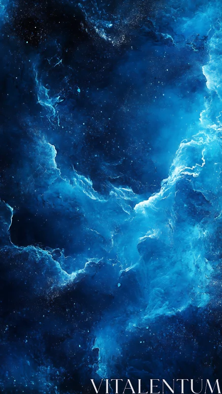 Electric blue cosmic nebula swirls through a dark starfield