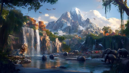 Mountain valley with waterfalls, elephants, and stone ruins.